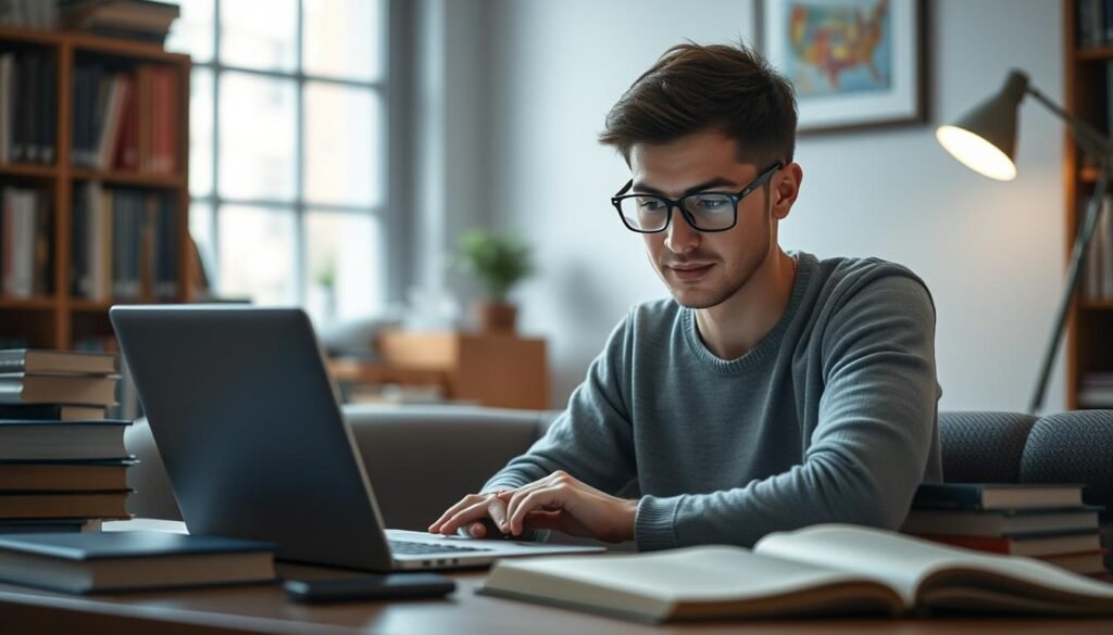Generate an image of a person using a citation generator tool on their laptop