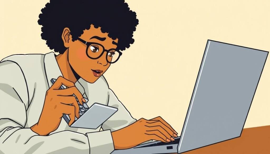 Generate an image of a person using a concrete calculator on a laptop