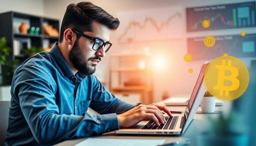 Generate an image of a person using a crypto tax calculator on their laptop.