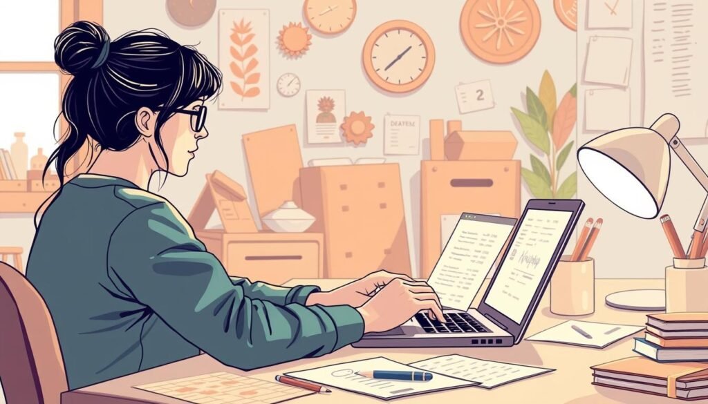 Generate an image of a person using an Etsy fee calculator on their laptop.
