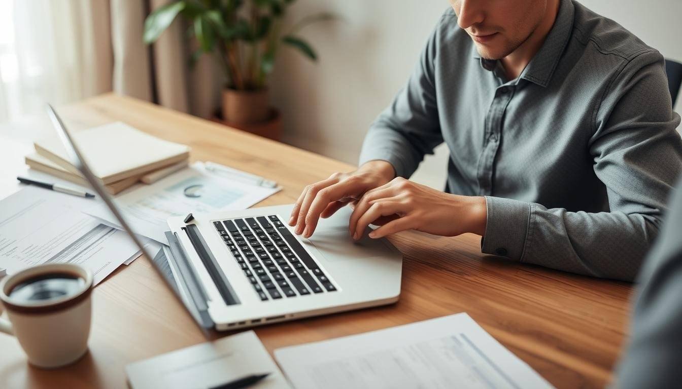 Generate an image of a person using an online mortgage calculator on a laptop.
