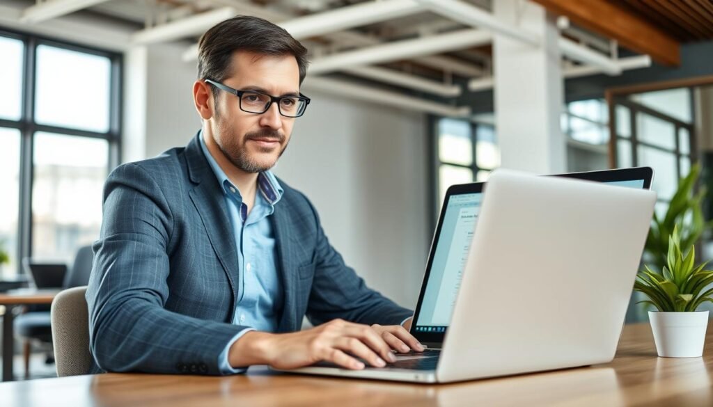 Generate an image of a professional using a Contract Creator Tool on a computer.