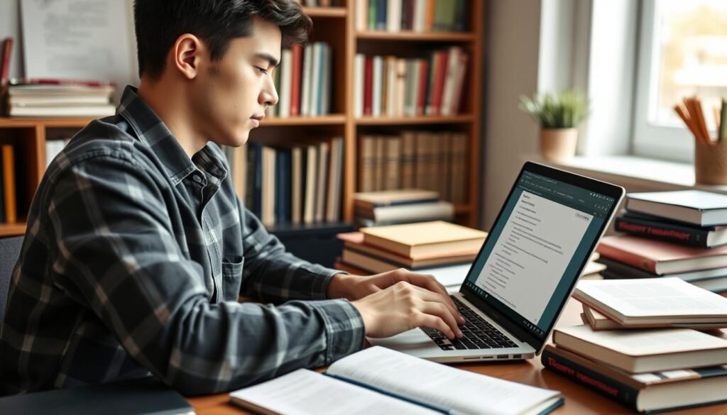 Generate an image of a student using a citation generator on their laptop