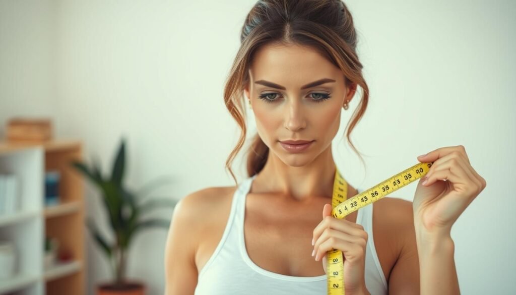 Generate an image of a woman measuring her body proportions using a flexible measuring tape.