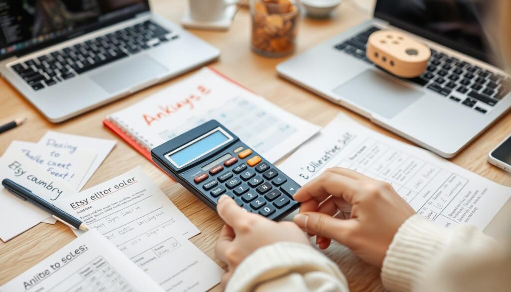 Image of a seller analyzing Etsy fees on a calculator