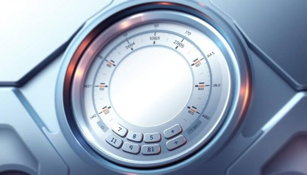 a detailed digital illustration of a circle calculator, with a sleek and modern design. The foreground features a circular interface with a numeric keypad, sliders, and buttons for calculating various circle properties such as diameter, circumference, area, and radius. The middle ground showcases a clean, white background with hints of metallic accents, creating a high-tech and minimalist aesthetic. The background subtly frames the calculator with a soft, blurred gradient, drawing the viewer's attention to the essential elements. The lighting is soft and diffused, casting gentle shadows and highlights to add depth and dimension to the scene. The overall mood is one of precision, efficiency, and technological sophistication, perfectly suited for the "Circle Calculator" section of the article.