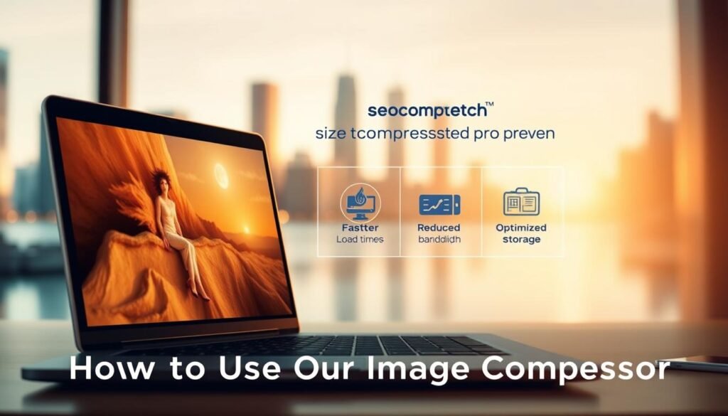 seotoolsm.com - a crisp, clean image showcasing the benefits of image compression. A sleek laptop displays a vibrant, high-quality photograph in the foreground, with a clean, minimalist interface. In the middle ground, a series of dynamic infographics illustrates the advantages of compressed file sizes - faster load times, reduced bandwidth, and optimized storage. The background features a serene, blurred cityscape, conveying a sense of efficiency and technological progress. Warm, directional lighting creates depth and highlights the laptop's premium design. The overall mood is professional, informative, and visually appealing, perfectly complementing the "How to Use Our Image Compressor" section.